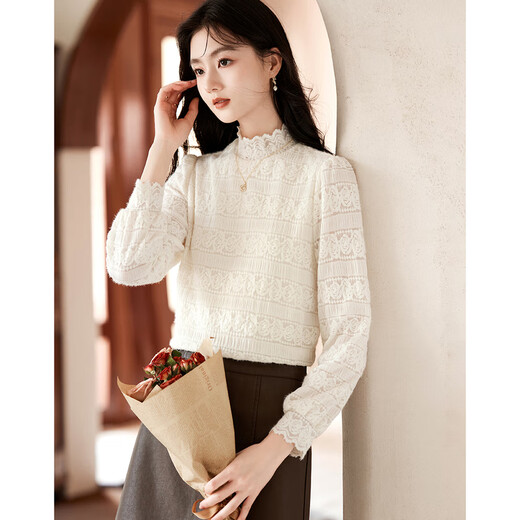 Homecoming Winter French Lace Top Half Turtle Collar High-end Design Versatile Temperament Bottoming Shirt 26 Beige L
