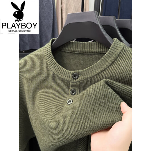 Playboy (PLAYBOY) Henry collar T-shirt men's long-sleeved autumn new jacquard inner layering shirt three-button round neck men's knitted sweater wool T black Q-19227 M 48