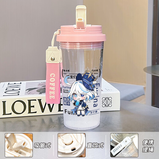 Jiuyao Nasida figure Genshin Impact Cartoon Large Capacity Sports for Students, Men and Women Plastic Anti-fall Straw Water Cup BXAO15941 Dada Three Drink Design [500ML Blue]-Painted Print