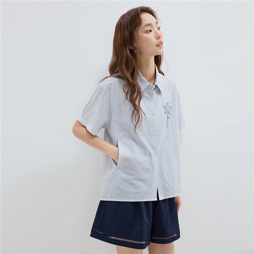 佐丹奴设计师款条纹衬衫女夏季钩花宽松短袖休闲衬衫18345809