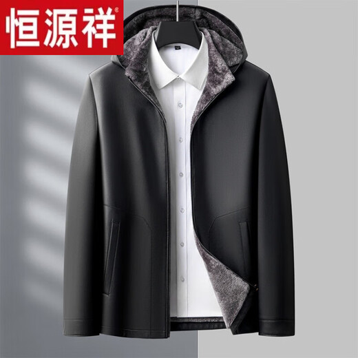 Hengyuanxiang men's mid-length mink coat imported mink liner hooded sheepskin leather coat windproof fur coat black 4XL