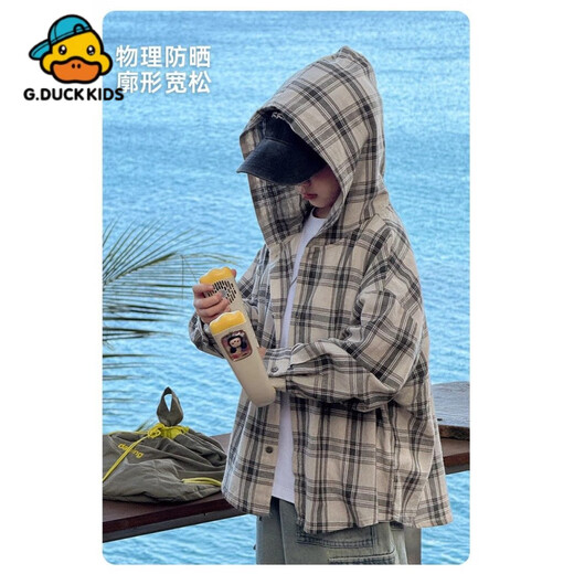 G.duck little yellow duck boys plaid shirt 2025 new children's spring and autumn tops, medium and large children's fashionable hooded outer H1 green hooded plaid shirt 110 cm size recommended height 100-110 cm