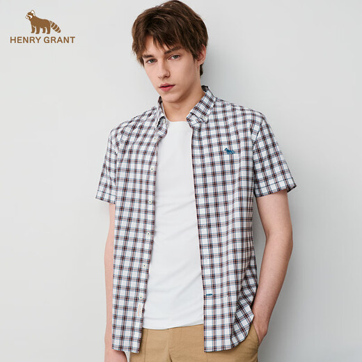 HENRY GRANT Henry Grant 2025 summer short-sleeved breathable top men's lapel summer business shirt plaid shirt red (QTC242140S311) 48 (175/92A)