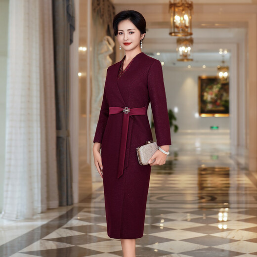 Fumini high-end light luxury mother's wedding evening dress 2025 autumn and winter clothing grandma's wedding dress warm wool dress purple XL