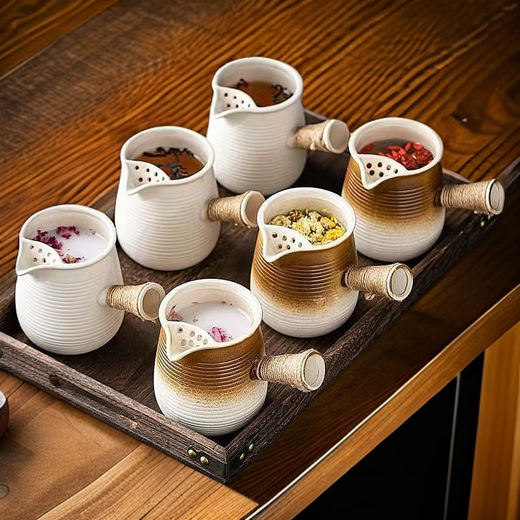 Chinese style roasted milk tea pot with lid, roasted milk tea pot, stove set, large capacity 620 ml, small basic model, brown pot, wooden lid, six cups, filter set, fair cup