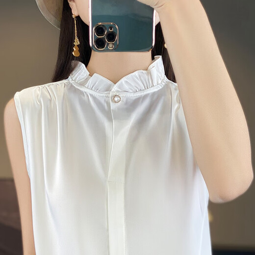 Light luxury and high-end smooth satin shirt for women, sleeveless inner layer with suit vest top, lace for age reduction, white XL 110-120Jin Jin is equal to 0.5 kg