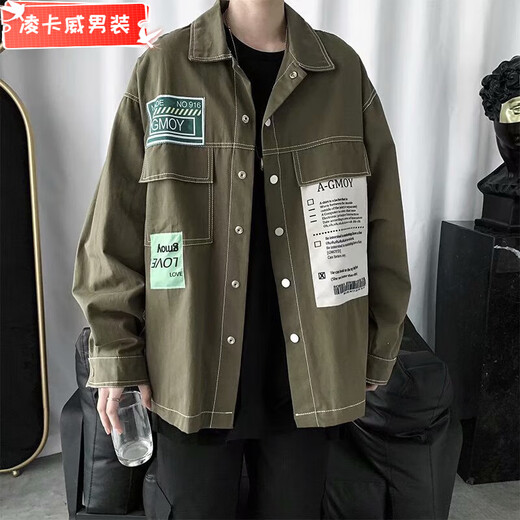 凌卡戚春秋季日系拼接男士牛仔夹克潮流学生韩版衬衫青少年宽松工装外套 L15886 M (90-105斤)