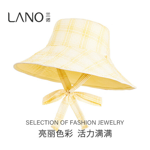 Lannuo double-sided wearable plaid fisherman hat for women 2025 summer new style large brim big head circumference sun protection hat yellow M (56-58cm)