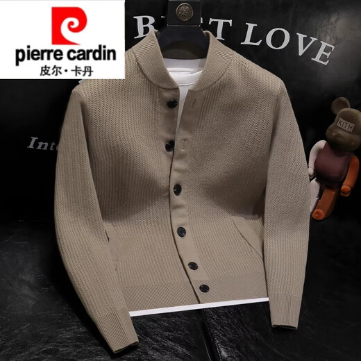 Pierre Cardin 2025 Autumn and Winter New Solid Color Stand Collar Knitted Cardigan Jacket Men's Off-Duty Versatile Sweater Henry Collar Sweater Trendy Caramel Color M 100-115Jin Jin is equal to 0.5 kg