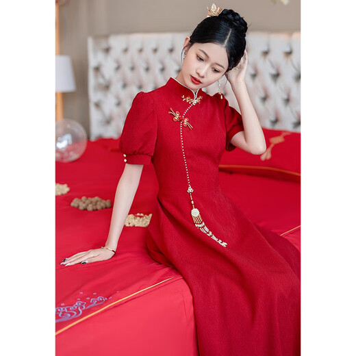 Pubindi Bridal Toast Wear Chinese Cheongsam Toast Wear 2025 New New Red Bride Wedding Engagement Return Dress Burgundy XS
