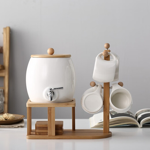 Japanese cold kettle ceramic water cup set with faucet household cool bucket scented tea juice drink bucket high temperature cold kettle clay pot 2.3L + four cups 220ml + four coasters round coasters with shelf