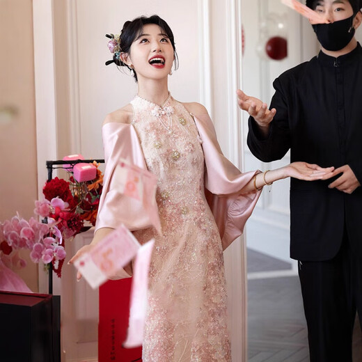 Grosfairy pink high-end toast dress cheongsam for women 2025 new new Chinese style engagement dress bride wedding dressing gown for women red S
