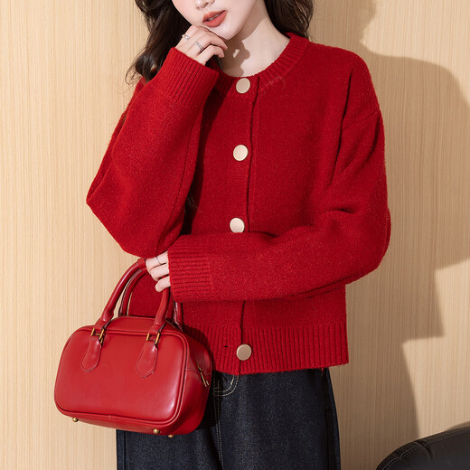 TonLion 2025 Autumn and Winter Sweater Women's American Retro Style Knitted Cardigan Jacket Red High-end Fashion Versatile Trend