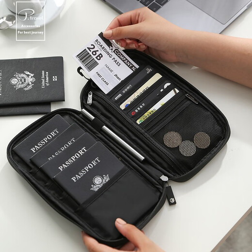 POTRAVEL.DESIGN Overseas travel passport bag, RFID shielding anti-theft card bag, ticket holder, document bag, family document storage bag, black