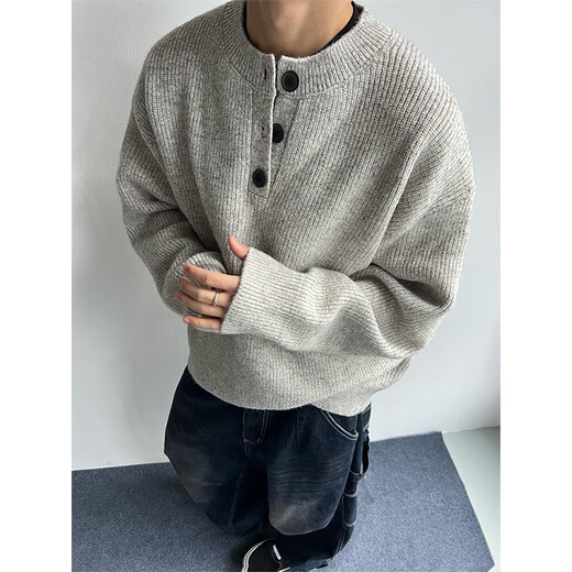 QGF gray American Henry collar sweater men's autumn and winter lazy style high-end knitted sweater cleanfit jacket light gray XL recommended 110-130Jin Jin equals 0.5 kg