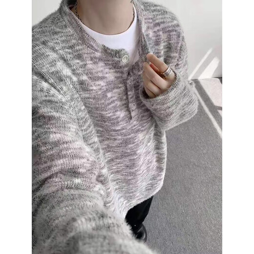 POUM sweater men's autumn and winter new mohair lazy style sweater Henry collar bottoming fir couple coat top CQS-3339 Gray XL