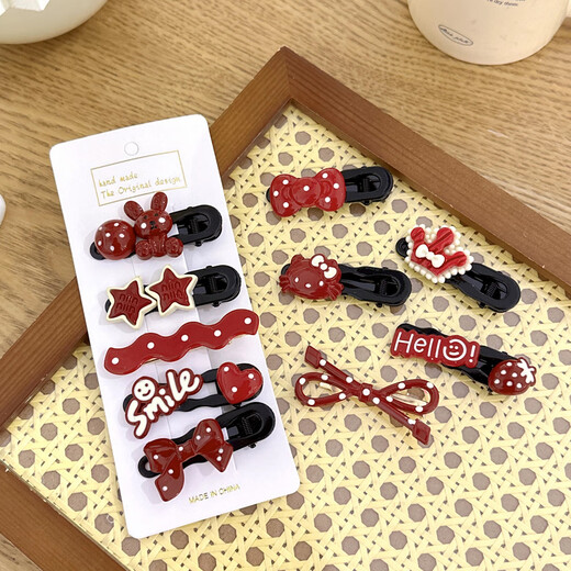Add cute polka-dot bow hairpins for girls, fresh, sweet and versatile duckbill clips with side bangs and hairpins, hair accessories, red kitten 5-piece set