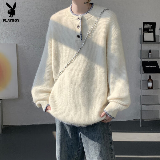 Playboy niche design Henry collar sweater for women and men, autumn and winter retro atmosphere loose pullover sweater for couple, off-white M