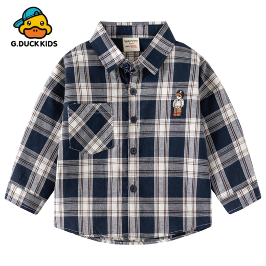 G.duck little yellow duck boy long-sleeved shirt spring children's clothing new 2025 Korean style children's style pure cotton shirt plaid treasure CS2406 Tibetan grid ready stock thin section 90 cm