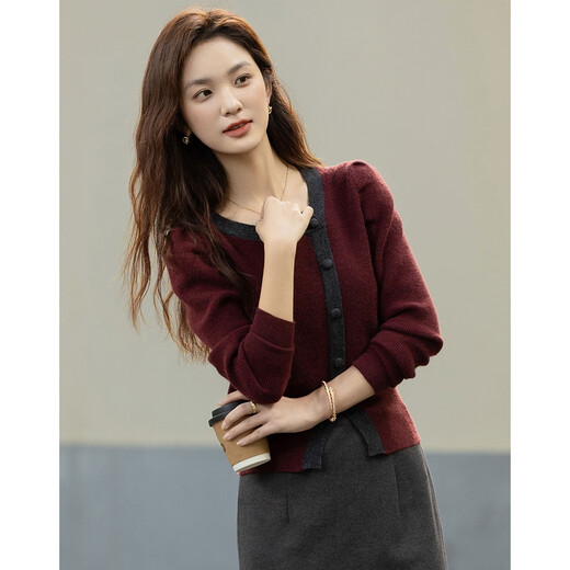 Demana Comfortable Cocoon Room Autumn Elegant Style Contrast Color Diagonal Placket Puff Sleeve Sweater Fiber Velvet Yarn Knitted Sweater Women's Top