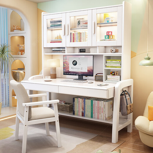 Huixun solid wood desk bookshelf bookcase combination modern simple desktop computer table home bedroom children's study table walnut color #desk + bookshelf 80cm*60cm*75cm total height 186cm