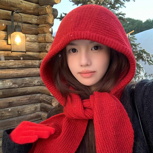 JIOESC red hat scarf one-piece barak farah women's autumn and winter warm wool hooded scarf knitted hat scarf shawl-red-one size