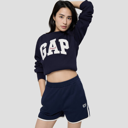 GAP Men's and Women's 2025 Autumn New Letter Logo Fleece Round Neck Sweatshirt Fitted Simple Top Navy Blue S US Size M Asian Size 175/92A