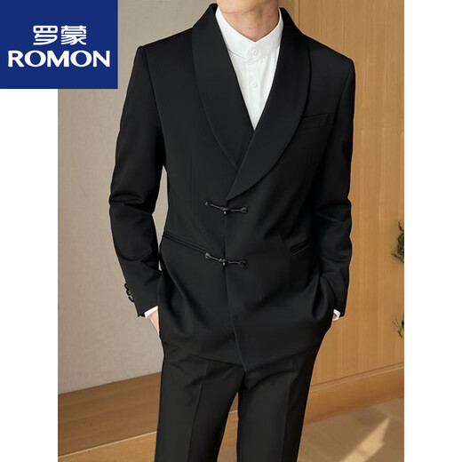 ROMON Chinese style retro buckle dinner suit men's new Chinese tunic green fruit collar suit two-piece groom's dress gray suit + trousers M Recommended - 120 Jin Jin equals 0.5 kg