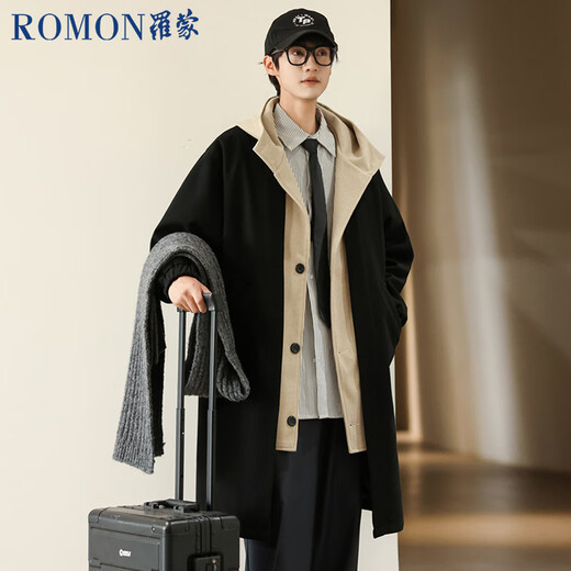 ROMON men's windbreaker mid-length high-end hooded fake two-piece windbreaker coat autumn and winter thickened men's coat apricot 2XL