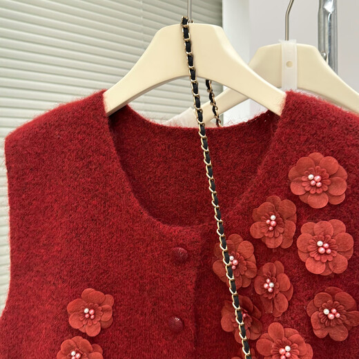 TonLion 2025 Autumn and Winter Three-dimensional Flower Design Cardigan Red Vest Women's Outerwear High-end and Versatile Casual Top