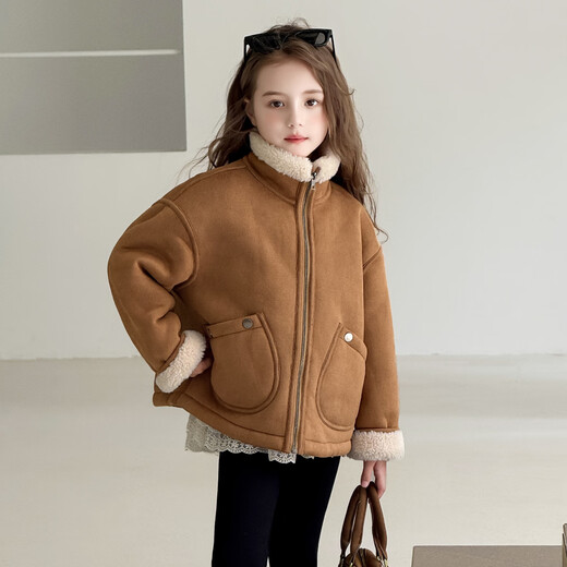 Tutu Little Elephant Girls' Velvet Jacket 2025 Winter New Suede Warm Jacket Children's Thickened Fur One-piece Coat Brown 160 Height About 160cm