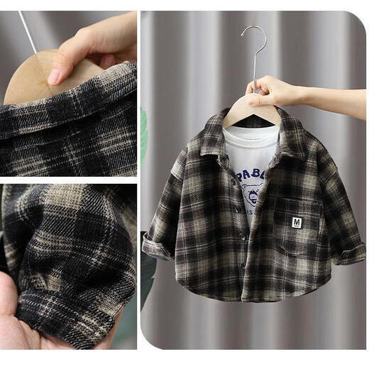 G.duck boys' all-in-one velvet shirt, autumn and winter style, children's velvet plaid thickened jacket, warm street-friendly inner wear in winter, children's shirt, velvet, 80 80, recommended within 75CM