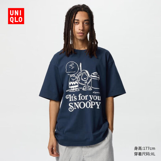 
Uniqlo men's clothing/same sex couple UT PEANUTS printed short-sleeved T-shirt Snoopy 477816 69 Navy Blue M /170/92A