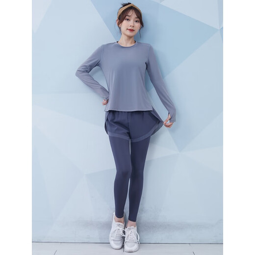 Vanstic Herbst und Winter Neue Fitnesskleidung für Frauen Internet Promi Lose Sportswear Langarm professionelles Training Yoga Set Grey Blue + Dunkelgrau Blau dreiteils Set TC15908 S