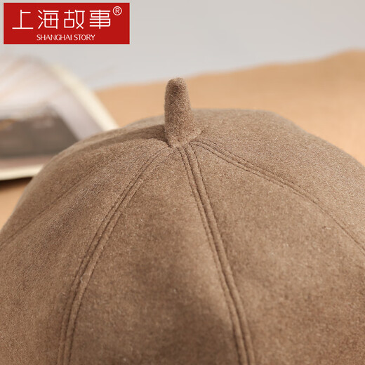 Shanghai Story Women's Hat Autumn and Winter Wool Octagonal Hat Painter Hat Pumpkin Hat Showing Your Face Small Birthday Gift Khaki