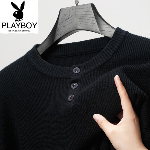 Playboy (PLAYBOY) Henry collar T-shirt men's long-sleeved autumn new jacquard inner layering shirt three-button round neck men's knitted sweater wool T black Q-19227 M 48