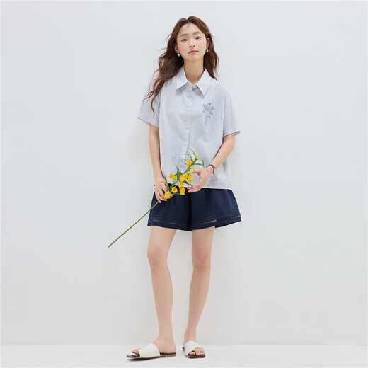 佐丹奴设计师款条纹衬衫女夏季钩花宽松短袖休闲衬衫18345809