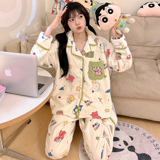 Catman's new coral velvet pajamas for girls in autumn and winter, cute crocodile warm home clothes, sweet coral velvet suit
