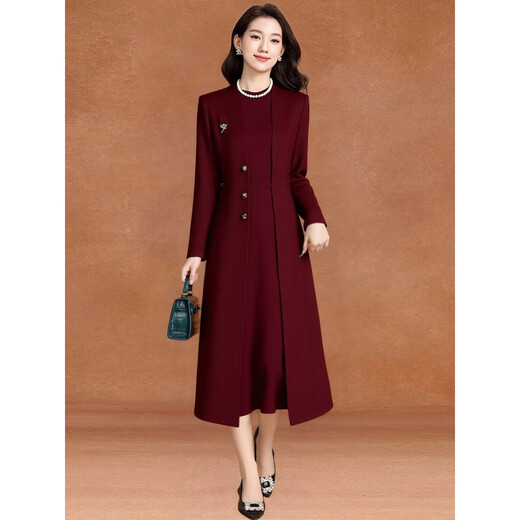 Rabbit style grandma dress autumn and winter plus velvet burgundy woolen dress for women autumn and winter noble light luxury western style mother two pieces red generous and decent to attend important occasions formal XL (suitable for 116-125 Jin Jin is equal to 0.5 kg)