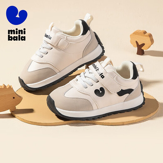 Minibala (minibala) children's shoes, children's toddler shoes, autumn new boys' soft-soled cushioning casual shoes, girls' baby running sneakers, white and black, size 25, suitable for feet 15.5-16.0cm long