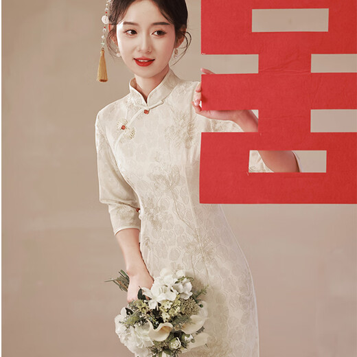 Bangboshi New Year New Chinese Style Improved Cheongsam 2025 Autumn and Winter Little People Everyday Elegant Engagement Mid-Long Sleeve New Year Gift Beige Improved Cheongsam Mid-Length L Suitable (85-100)