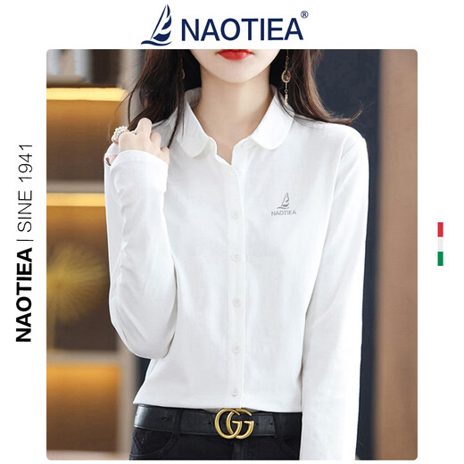 NAOTIEA Italian Sailboat Lapel Long Sleeve POLO Cardigan Women's 2025 Autumn and Winter New Brand Bottoming Top White L (Recommended 100-115 Jin Jin equals 0.5 kg)