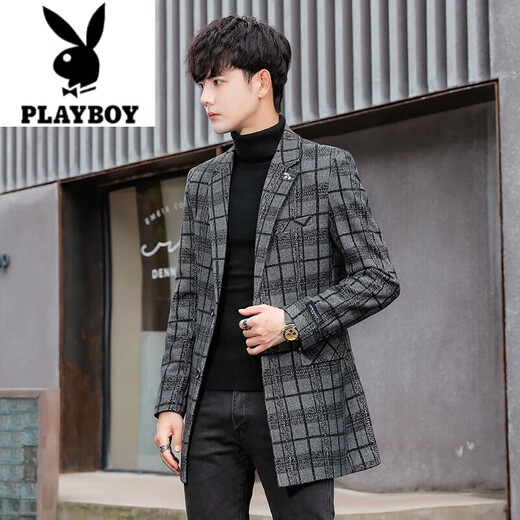 Playboy (PLAYBOY) Men's Suit Mid-Length Windbreaker Jacket Spring and Autumn Slim Woolen Suit Top Youth Trendy Woolen Coat Dark Plaid 2XL
