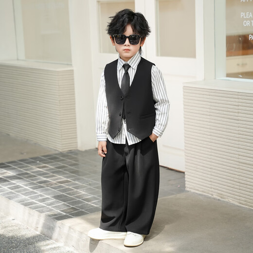 萝卜呗呗儿童西装男童秋季礼服男孩花童主持西服走秀服 黑色四件套 120