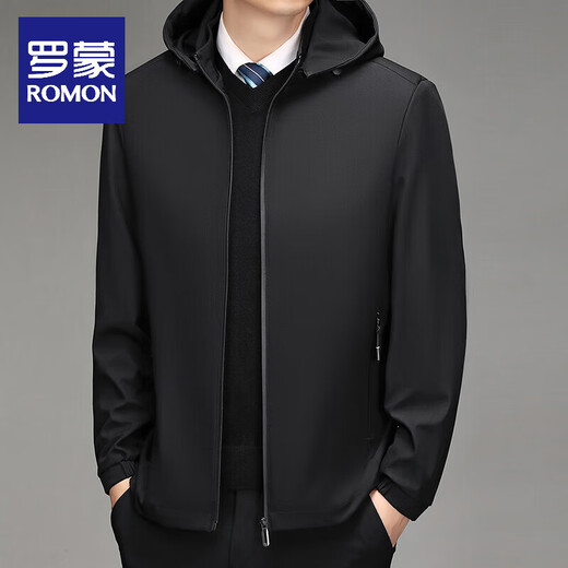 ROMON coat autumn men's middle-aged dad wear detachable hood casual jacket men's winter jacket plus velvet top navy blue regular XL 130-145Jin Jin equals 0.5 kg