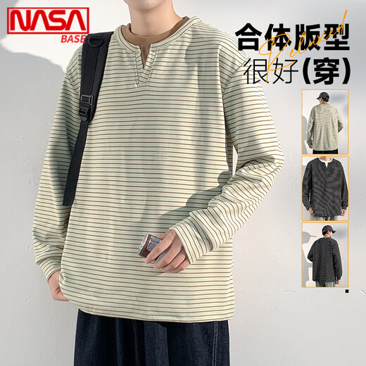 NASA BASE fake two-piece sweatshirt autumn and winter long-sleeved T-shirt for men 2025 new American student trendy brand V-neck Henry shirt bottoming shirt black M