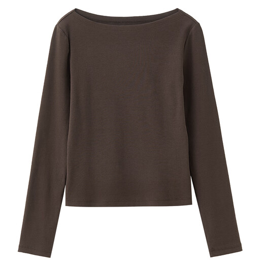 Shandubila one-line collar cotton bottoming shirt for women in autumn, slim-fitting elastic long-sleeved sweater with temperament pit strips and casual top