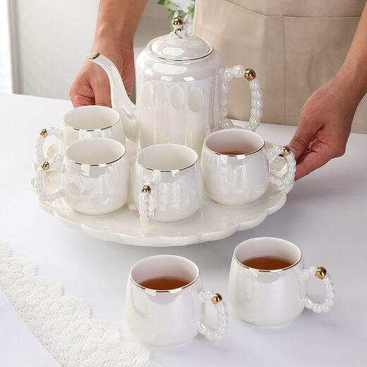 Yongxia Light Luxury Housewarming Ceramic Water Set Tea Cup Household Tea Set Nordic Living Room Teapot Cup Water Cup Complete Set Pearl White 6 Cups