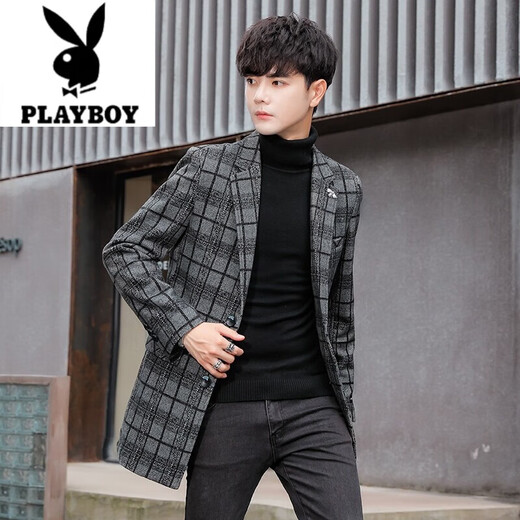 Playboy (PLAYBOY) Men's Suit Mid-Length Windbreaker Jacket Spring and Autumn Slim Woolen Suit Top Youth Trendy Woolen Coat Dark Plaid 2XL