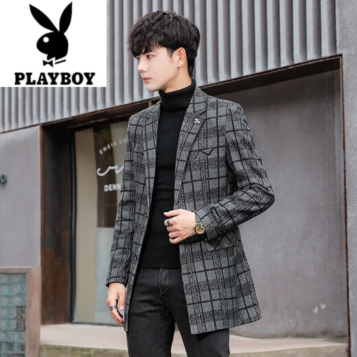 Playboy (PLAYBOY) Men's Suit Mid-Length Windbreaker Jacket Spring and Autumn Slim Woolen Suit Top Youth Trendy Woolen Coat Dark Plaid 2XL